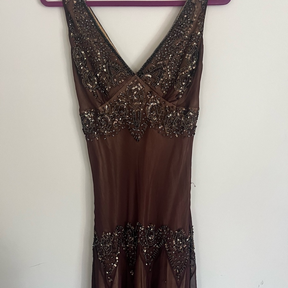 Adrianna Papell Brown Beaded V-Neck Evening Gown